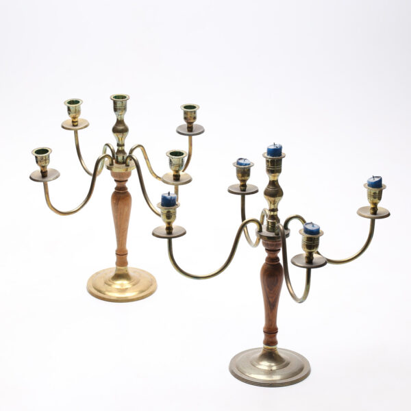 CANDELABROS 2 Uds. brazos metal dorado y pie madera. Par de candelabros de cinco brazos - Imagen 2